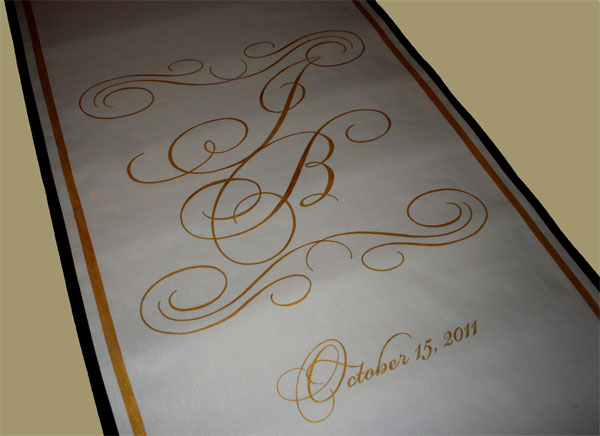 Wedding Aisle Runner with gold black borders and gold monogram